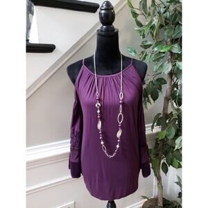 LOFT Cold Shoulder Blouse Womens Large Purple Lace Trim Boho Festival Top